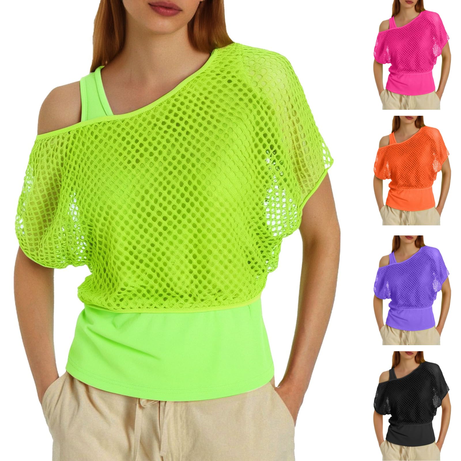 Neon Mesh Top Women's Mesh Top Mesh Shirt Carnival Costume 70s 80s Shirt Short Sleeve Blouse T-Shirt Aerobic Rave Party Top Fancy Dress Theme Party Outfit Fancy Dress Costumes, Green, XL