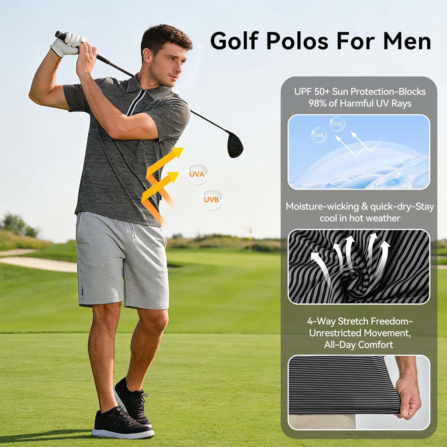Men's Golf Quarter Zip Performance Short Sleeve Polo - Moisture Wicking Dry Fit Striped Golf Polo Shirts for Men