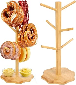 2Pcs Pretzel Holder Stand, Wooden Tree-Shaped Pretzel Display Rack Hanger with 6 Arms Hanging Hook, Multifunctional Donut Holder Stands Display for Oktoberfest, Parties, and Bakeries 6" x 6" x 13"