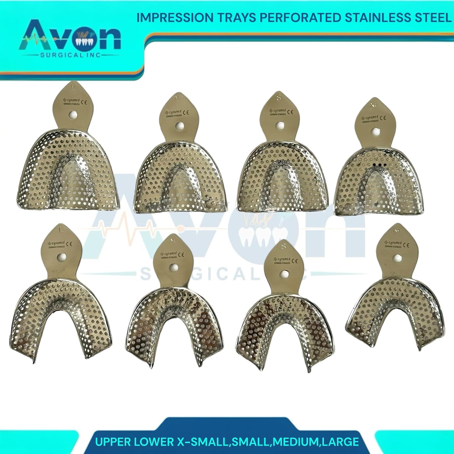 Dental Denture Impression Trays - Reusable Multi-Size Bundle Restorations Autoclave-Safe German Stainless Steel (XS,S,M,L - Perforated - 8PK) image 2