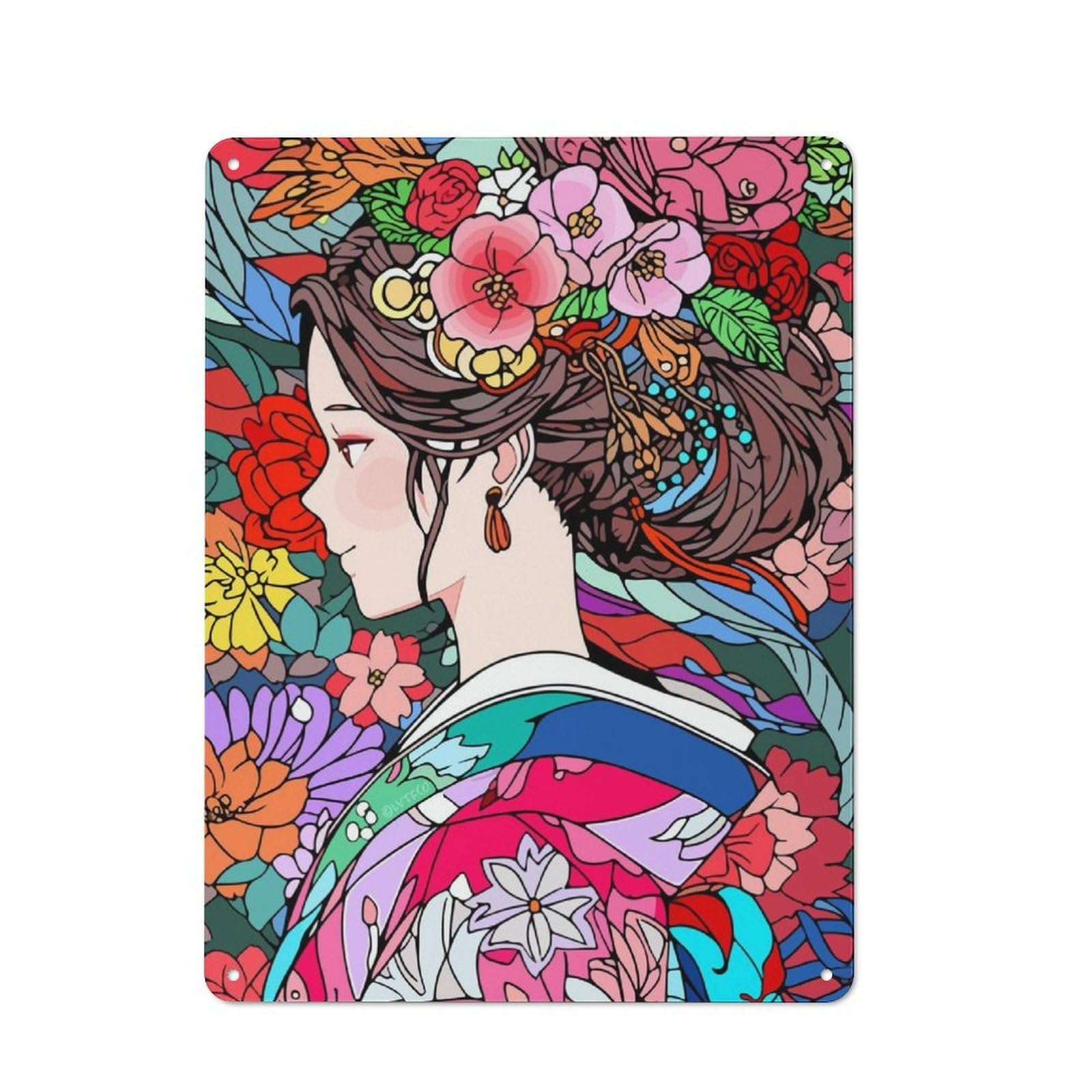Junmoney Girls Kimono Flower Hair Tin Sign 40X30cm With For Home Bar Wall, Vintage Decor, For Garage, Workshop And Man Cave Decoration