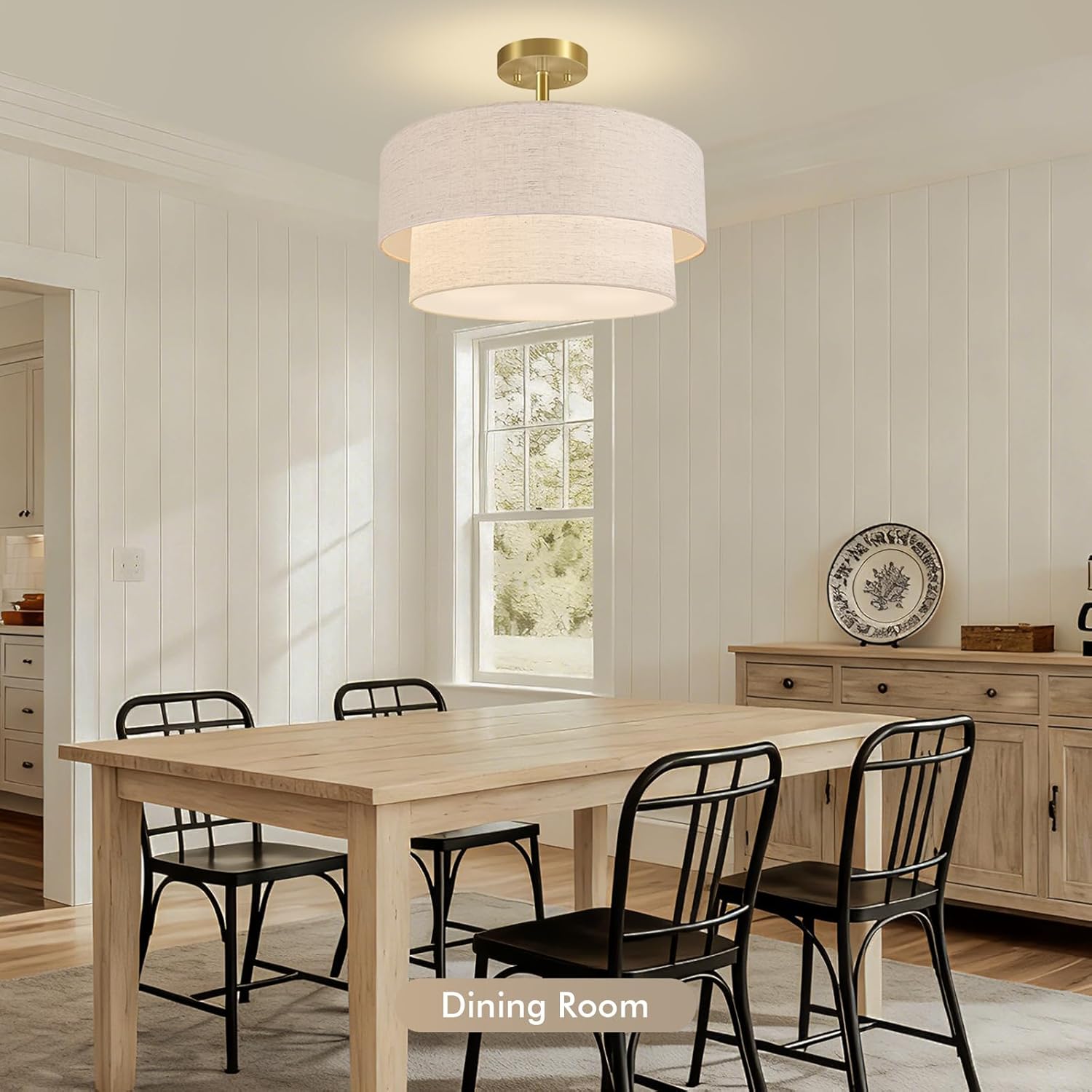 16.5'' Semi Flush Mount Ceiling Light, 3-Light Gold Ceiling Light Fixtures, Farmhouse Close to Ceiling Light with Linen Shade, Modern Drum Ceiling Light for Living Room/Hallway/Bedroom/Dining Room