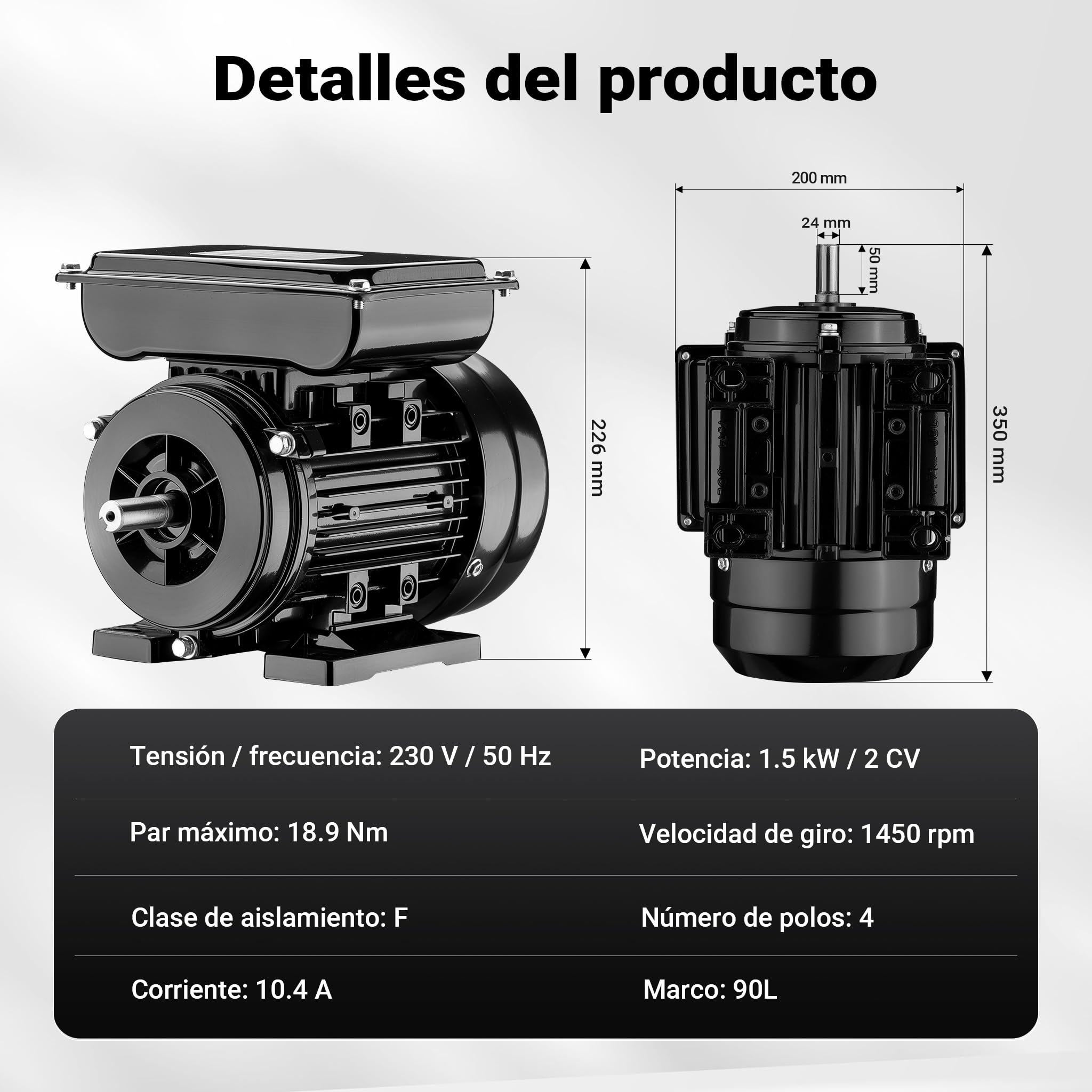 Wiltec Motor eléctrico monofásico 1,5 kW 2 CV diseño compacto, robusta carcasa de aluminio, motor de 1450 rpm para uso doméstico, industrial y agrícola, uso versátil