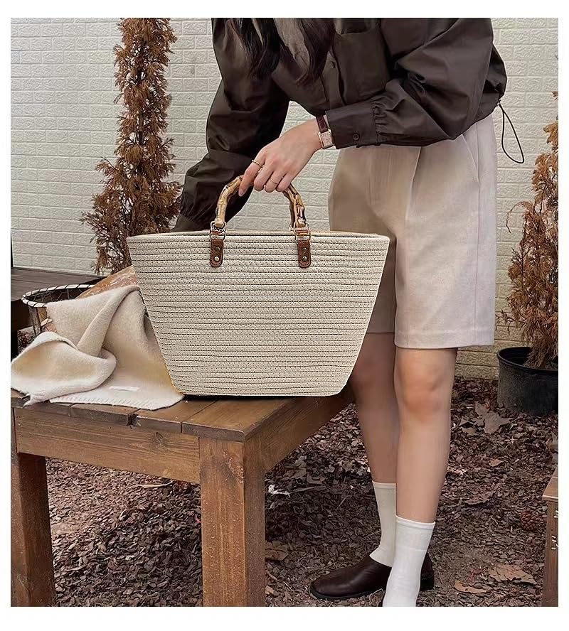 Image of Women's Tote Bag with Bamboo-Inspired Resin Handles Large Straw Tote Bag Woven Handbag Shoulder Bag for Vacation