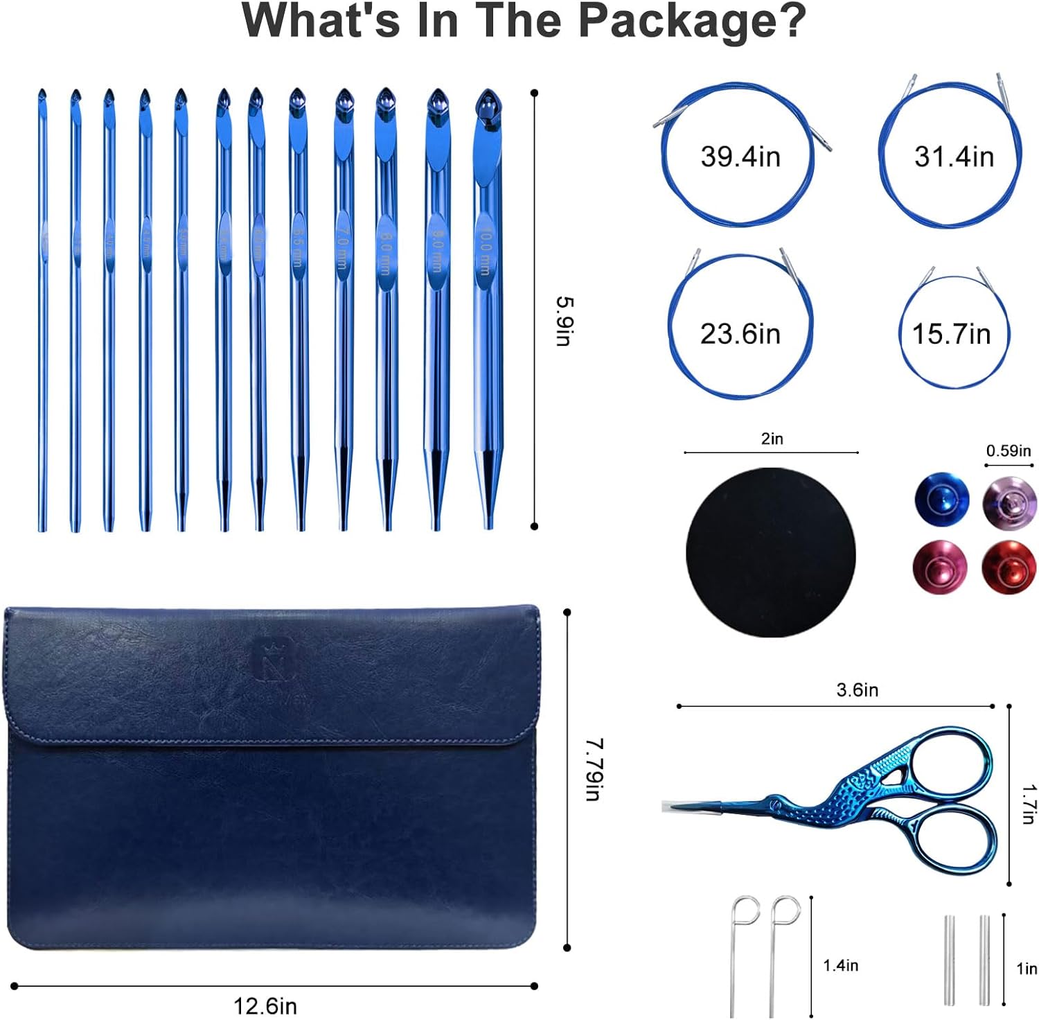 Tunisian Crochet Hooks Set Interchangeable with Case - 26pcs Metal Afghan Knitting Needles Kit 3mm-10mm with Long Cable & Ergonomic Grips, Blue