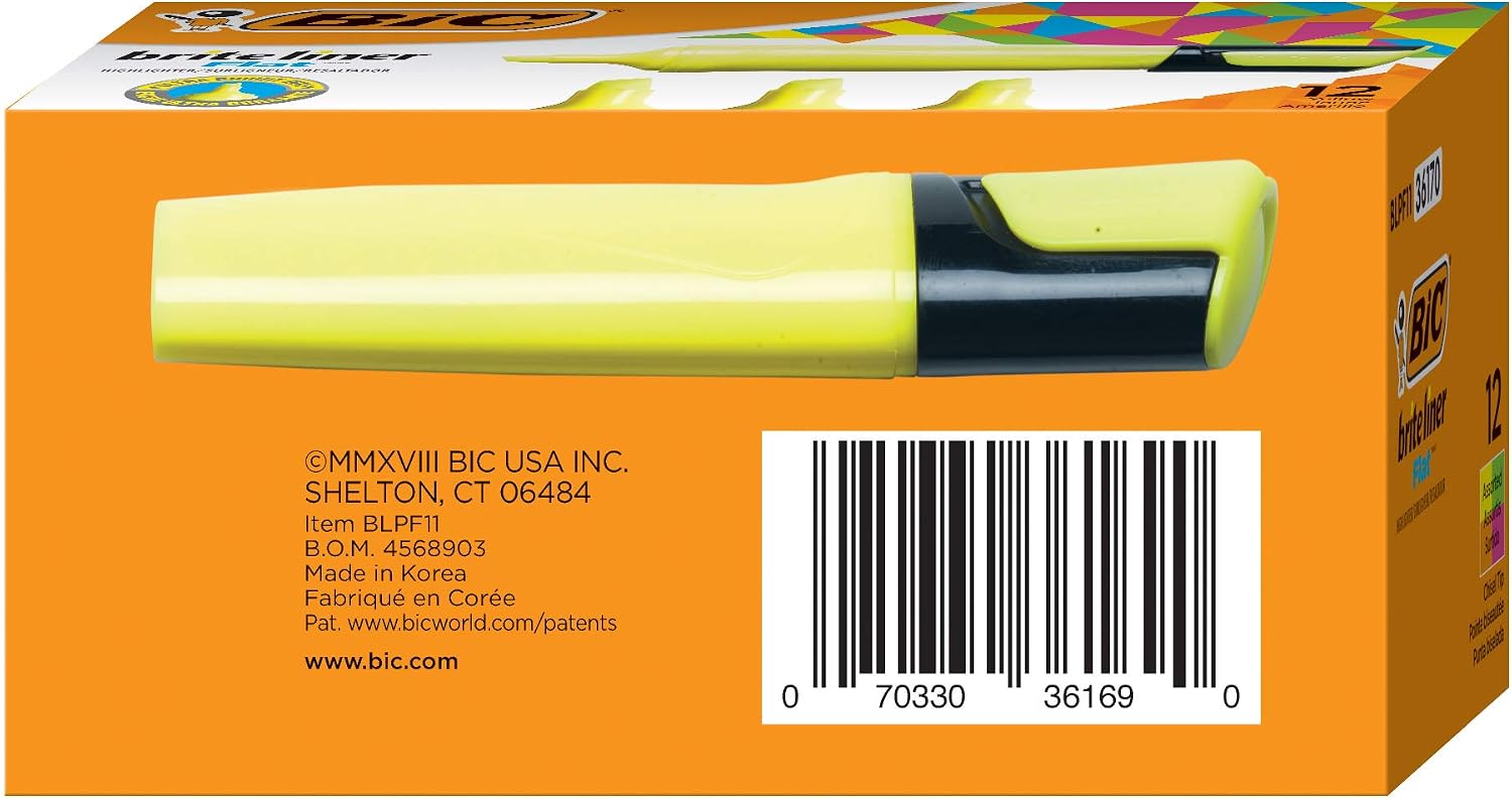 BIC Brite Liner Flat Highlighter, Chisel Tip For Broad Highlighting & Fine Underlining,Yellow, 12-Count