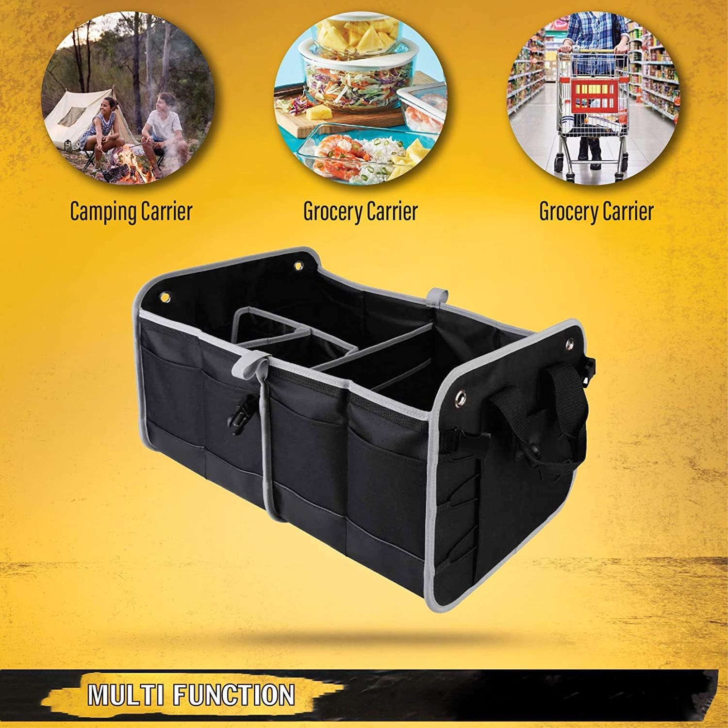 Tahoe Trails 23" Foldable Trunk Organizer for Car Storage, Reinforced Base Plates, Non Slip Bottom, Securing Straps, 11 External Pockets, 2 Pack, Black