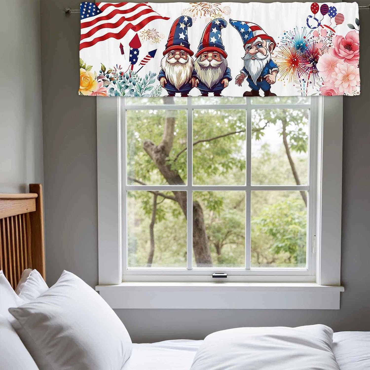 54x18Inch Polyester 4th of July Gnome Curtain Valance Independence Day Patriotic Short Topper Curtains Window Treatment Drape American Flag Stars Print for Kitchen Home Decor 1 Panel