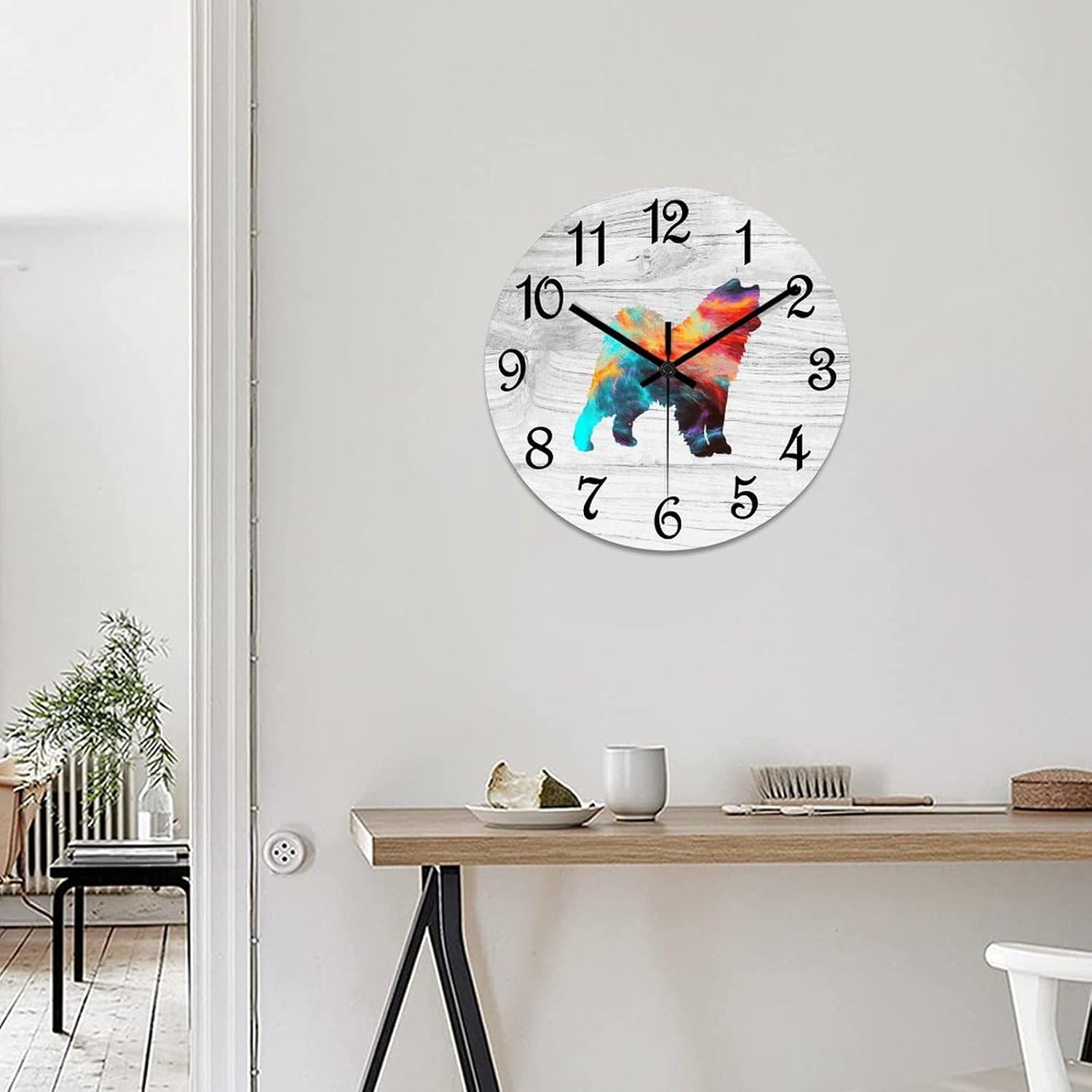 Samoyed Wall Clock Dog Lover Wooden Wall Clocks Battery Operated 15 Inch Non-Ticking Retro Cabin Wall Decor for Kitchen Bedroom Living Room Office