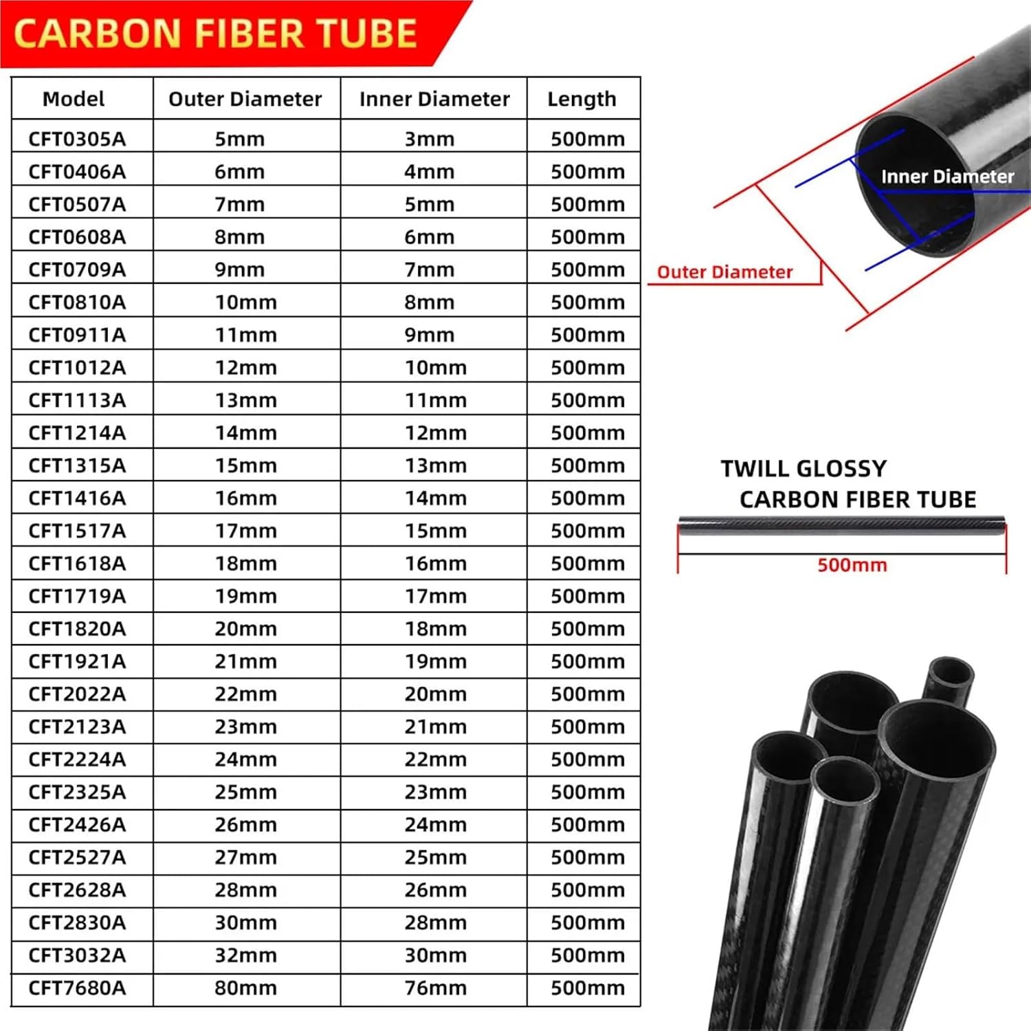 1pc Carbon Fiber Tube 3K Length 500mm Diameter 10mm 12mm 14mm 16mm 18mm 22mm 24mm 26mm 28mm 30mm 32mm for RC Model Airplane(12mmx10mmx500mm)