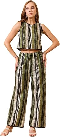 Women Chevron Print Crochet Round Neck Boxy Fit Cop Top With Trouser Resort Co-Ord Set