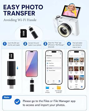W&O Digital Photography Camera, 4K Camera with Ring Light, 180° Flip Screen Camera for Vlog with Beauty Mode, Beginner Point and Shoot Digital Camera with SD Card, 2 Batteries White