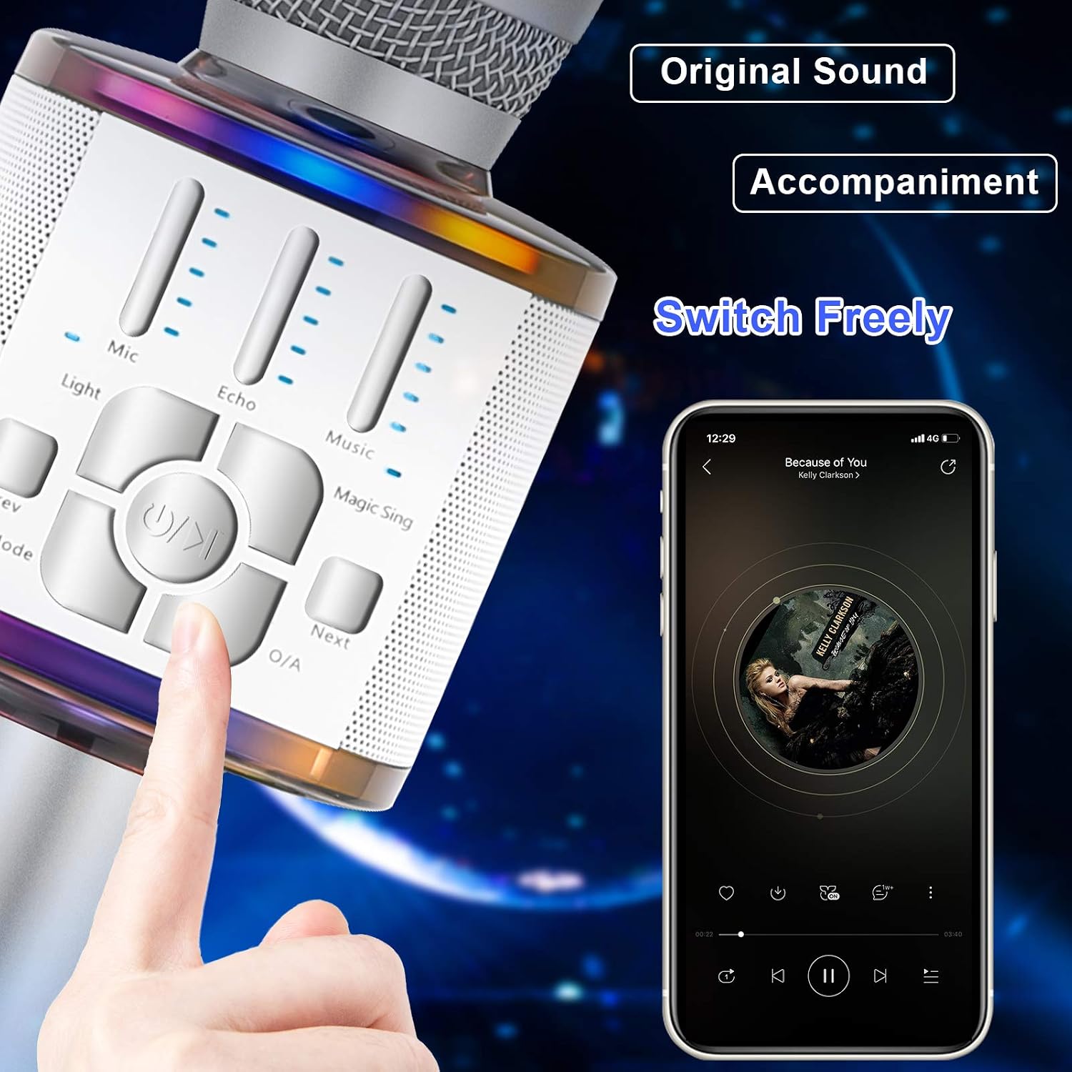 BONAOK Wireless Bluetooth Karaoke Microphone with Magic Voice, Portable Handheld Mic and Speaker Machine for Home Party Birthday PC/All Smartphones D30(Silver)