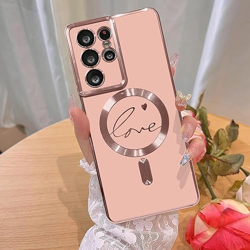 Bonoma Funda ultra magnética para Samsung Galaxy S21 compatible con MagSafe, diseño de corazón brillante chapado de lujo, transparente, a prueba de