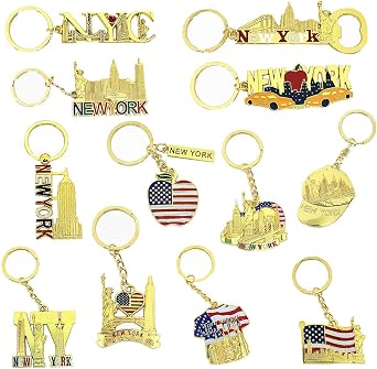 TSY TOOL 12 Pack Gold NYC Souvenir Keychain Collection New York Metal Keychain Ring Bundle Includes Empire State, Freedom Tower, Statue Of Liberty, USA Flag,NY Cab, Bottle Opener too And More