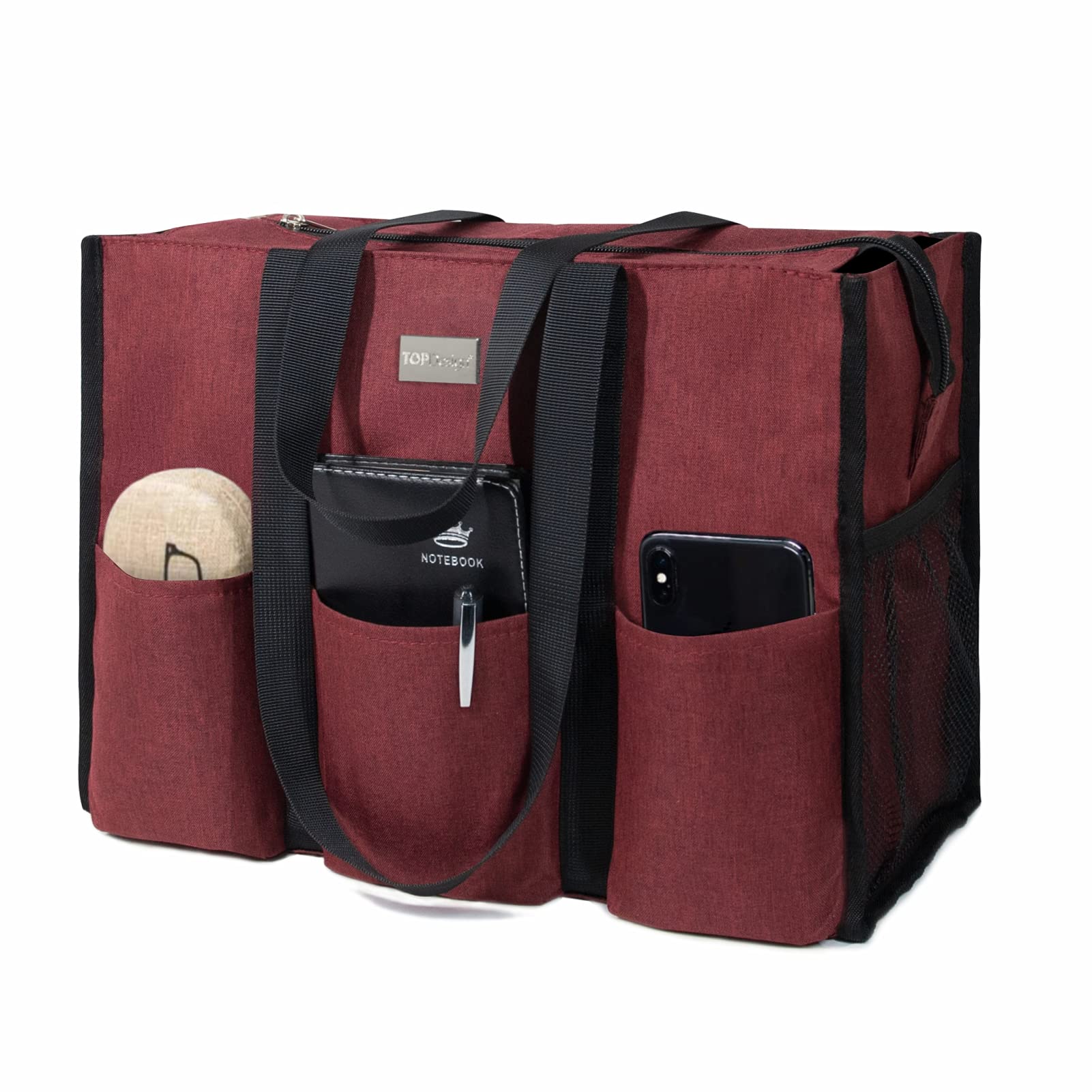 TOPDesign Utility Water Resistant Tote Bag with 13 Pockets, Zipper Closure