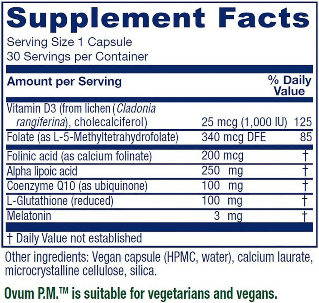 Vitanica Ovum P.M. - Provides Antioxidant Support for Healthy Egg Quality - Women's Health Supplement with Alpha Lipoic Acid, Glutathione, Melatonin, Vitamin D & CoQ10 - Vegan - 30 Capsules