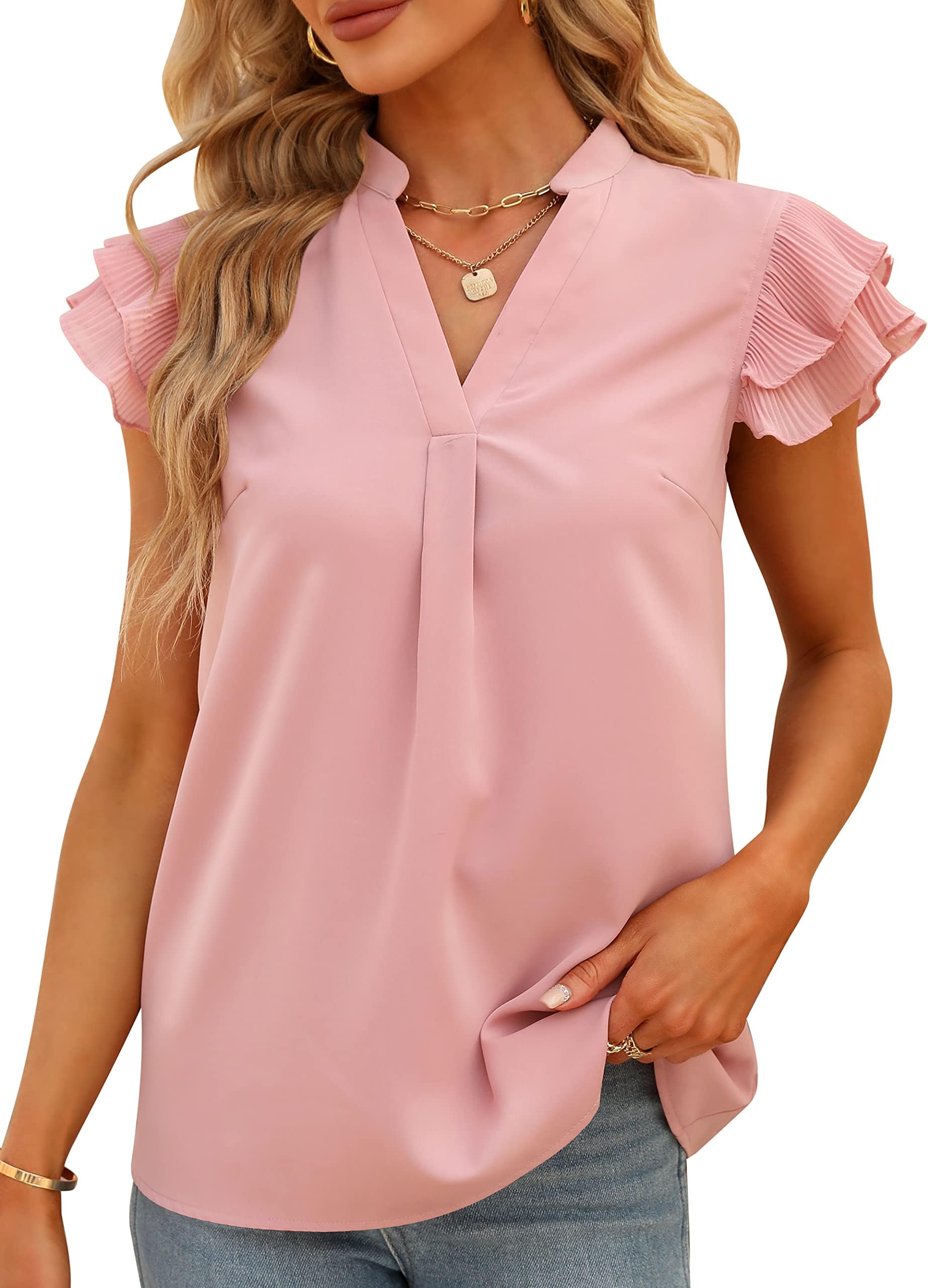 SucolanWomen's Summer Tops Dressy Casual Notch V Neck Ruffle Short Sleeve Flowy Shirts Cute Blouses Tops