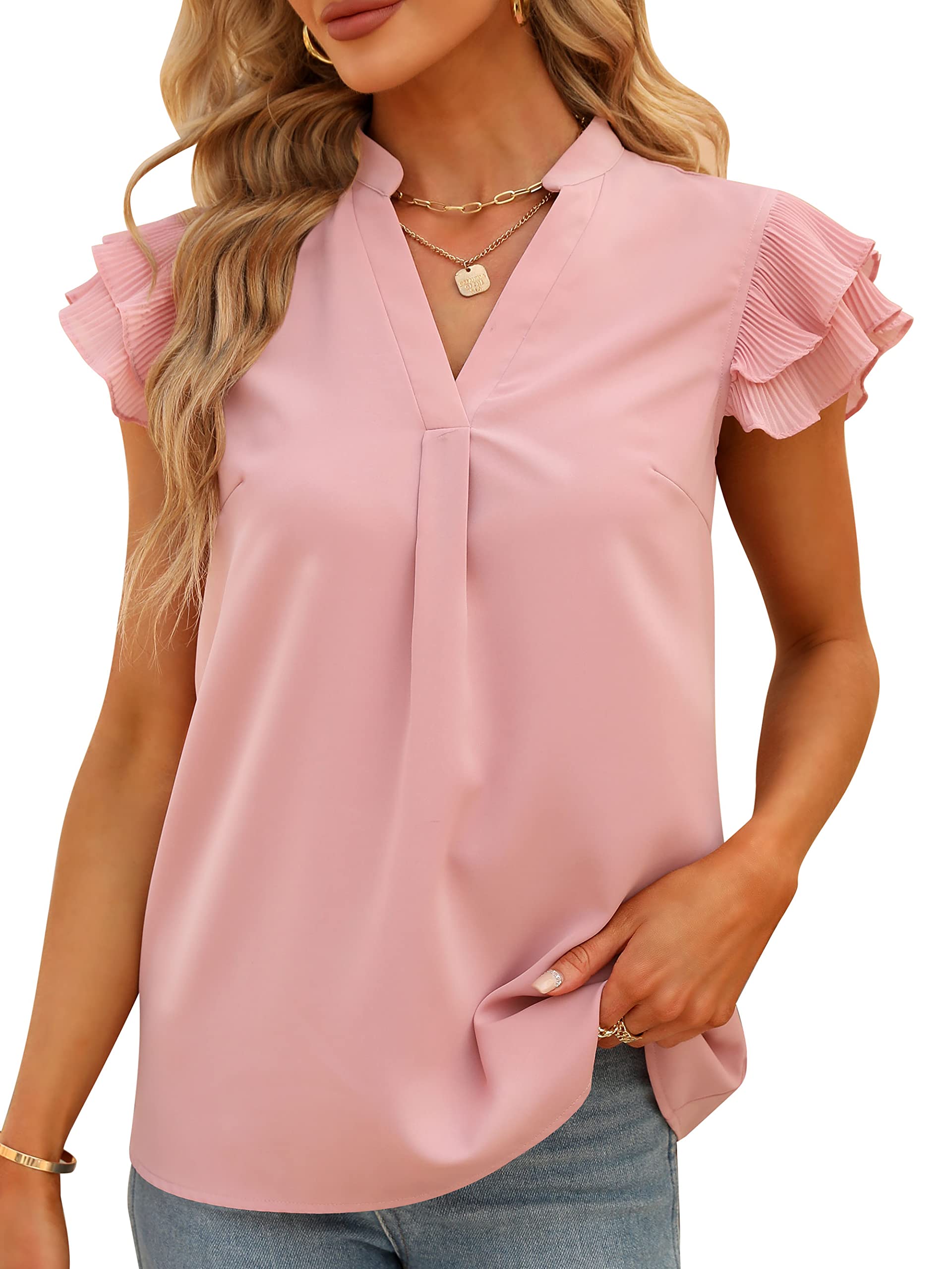 SucolanWomen's Summer Tops Dressy Casual Notch V Neck Ruffle Short Sleeve Flowy Shirts Cute Blouses Tops