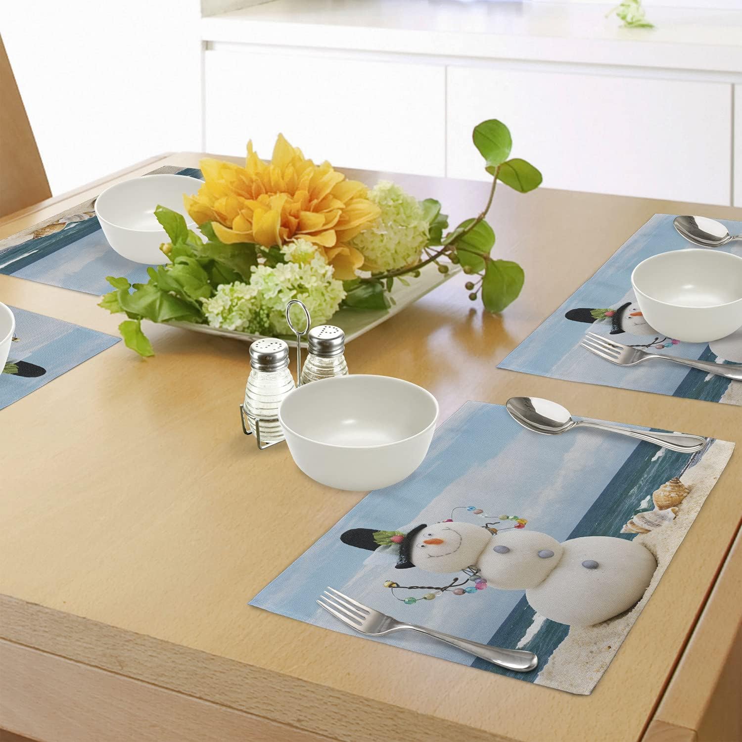 Ambesonne Snowman Place Mats Set of 4, Winter Vacation Holiday Theme Figure Seashells Sitting on Sandy Beach Coastal, Washable Fabric Placemats for Dining Table, Standard Size, Blue Sand