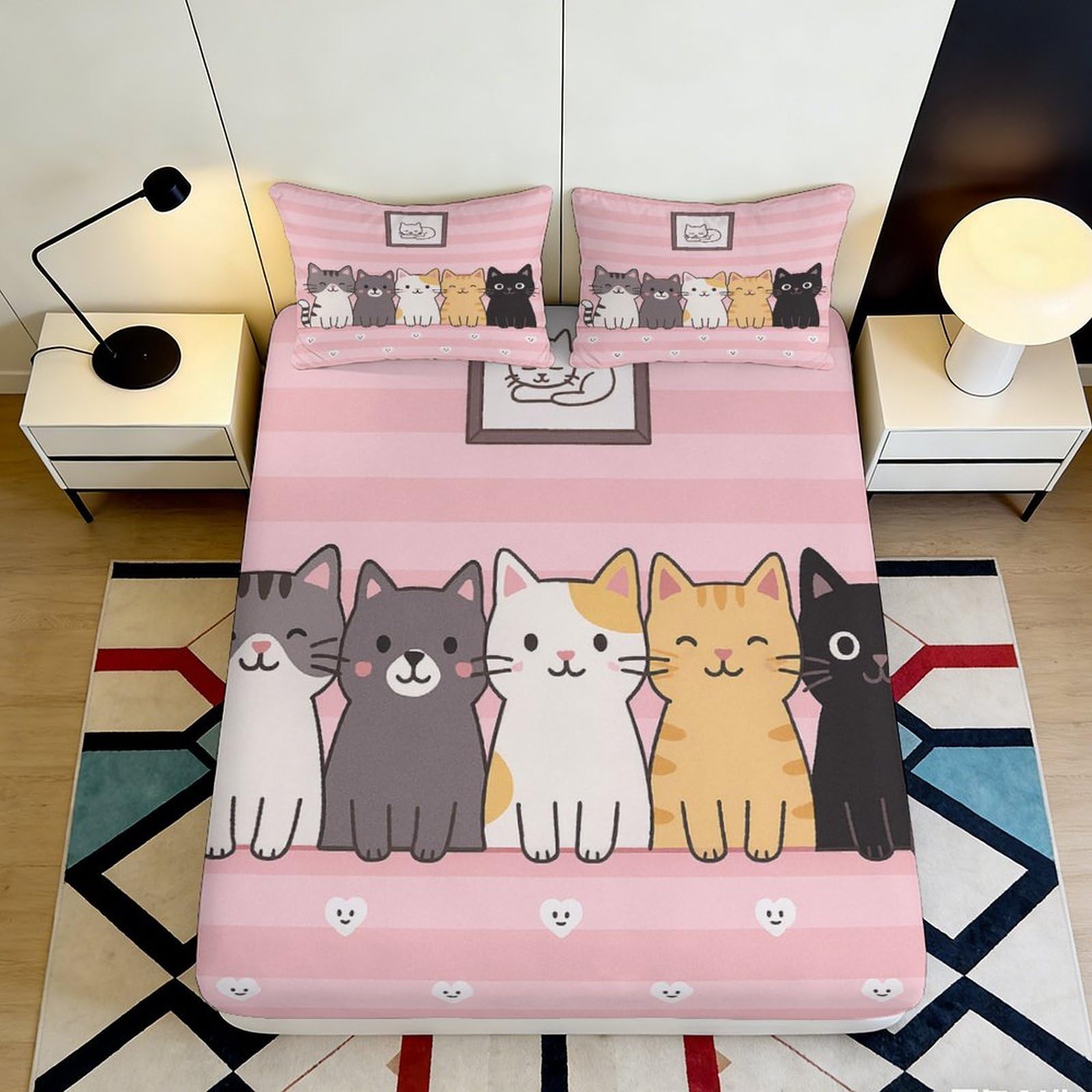 Pnayamiorkfel Style-8 3D Printed Cartoon Cat Fitted Sheet Microfiber Soft Pink Bed Cover For Bedroom Guest Room Decor Protection 90X200x25cm