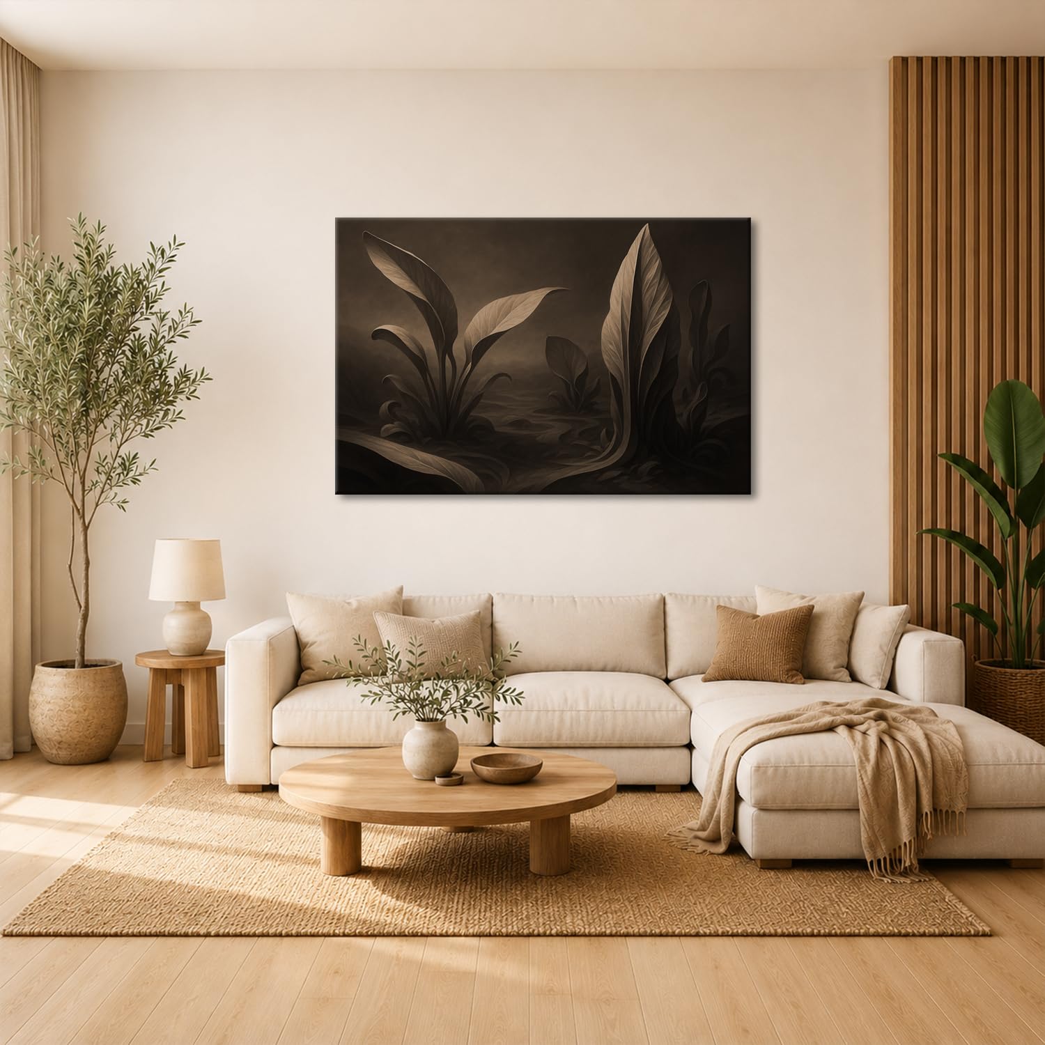deyoli Obraz na płótnie ciemny las z dużymi liśćmi 100 x 70 cm Sepia