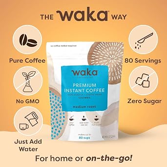 Waka Premium Instant Coffee Pouch 100% Colombian Arabica Freeze Dried Beans For Hot or Iced Coffee (8 Ounces, Medium Roast)