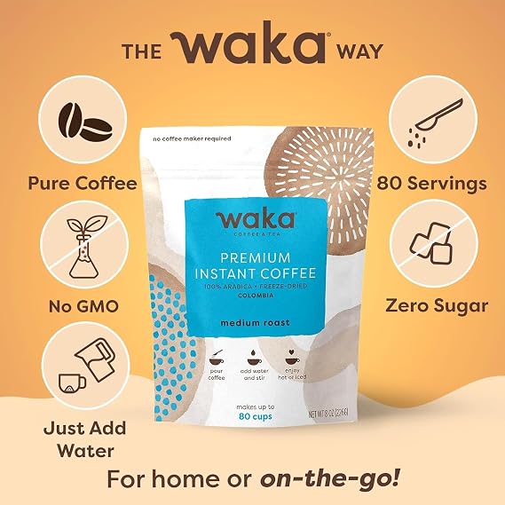 Waka Premium Instant Coffee Pouch 100% Colombian Arabica Freeze Dried Beans For Hot or Iced Coffee (8 Ounces, Medium Roast)