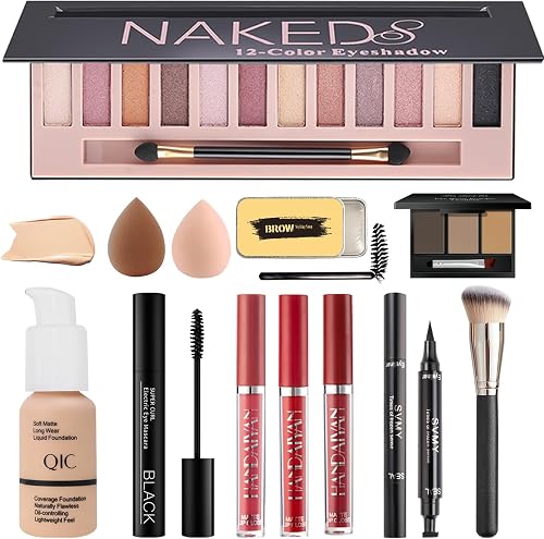 All in One Makeup Kit for Women Full Kit, Includes 12 Colors Naked Eyeshadow,Liquid Foundation, Lipstick Set, Mascara, Makeup Brush, Makeup Sponge, Eyebrow Powder, Eyebrow Soap, Eyeliner Stamp(#102)