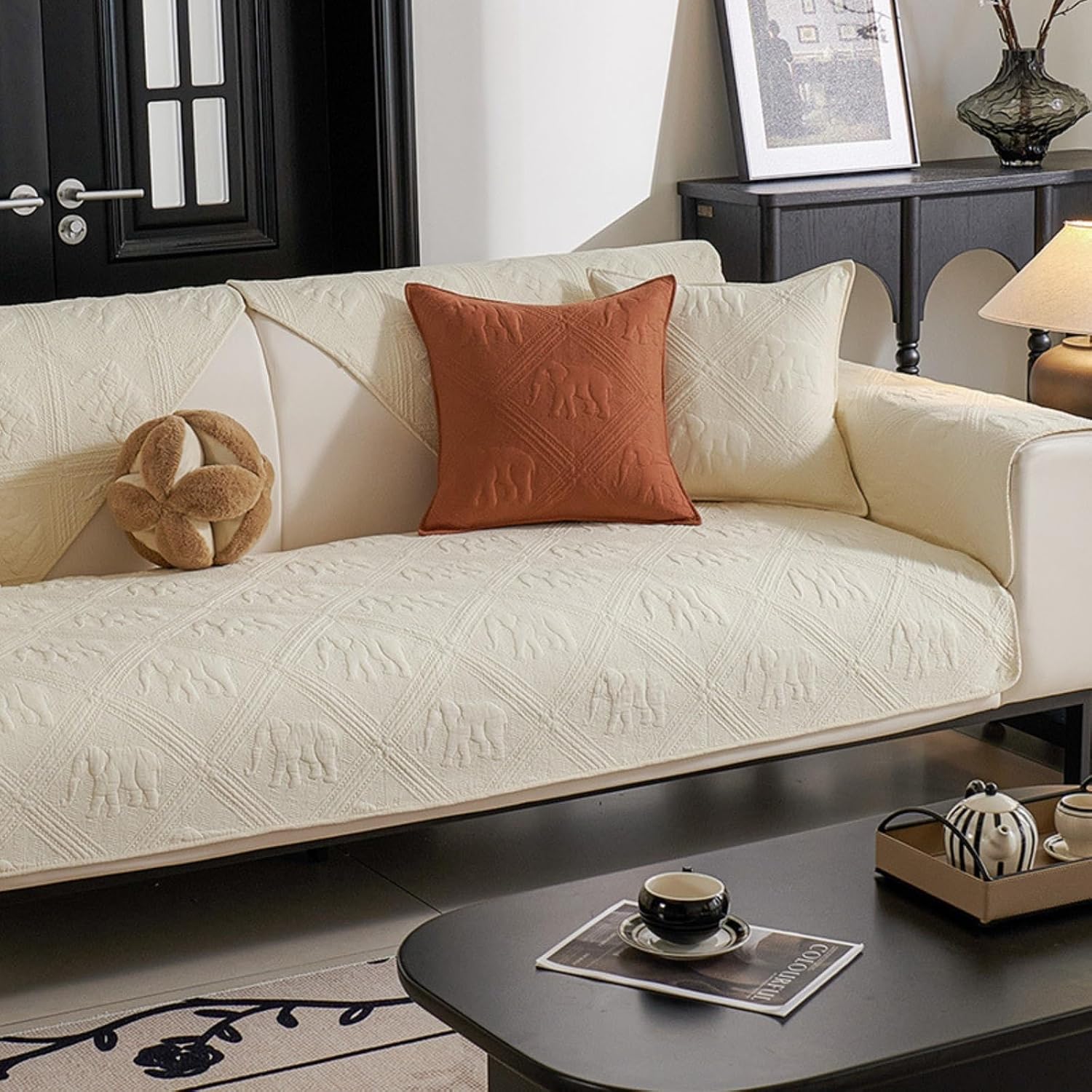 Elephant Quilted Sectional Couch Cover Luxury Vintage Cotton Embroidery Sofa Cover Farmhouse Seat Cushion Cover Anti-Slip Sofa Slipcovers Furniture Protector for Dogs Cats (Orange,36"x28")