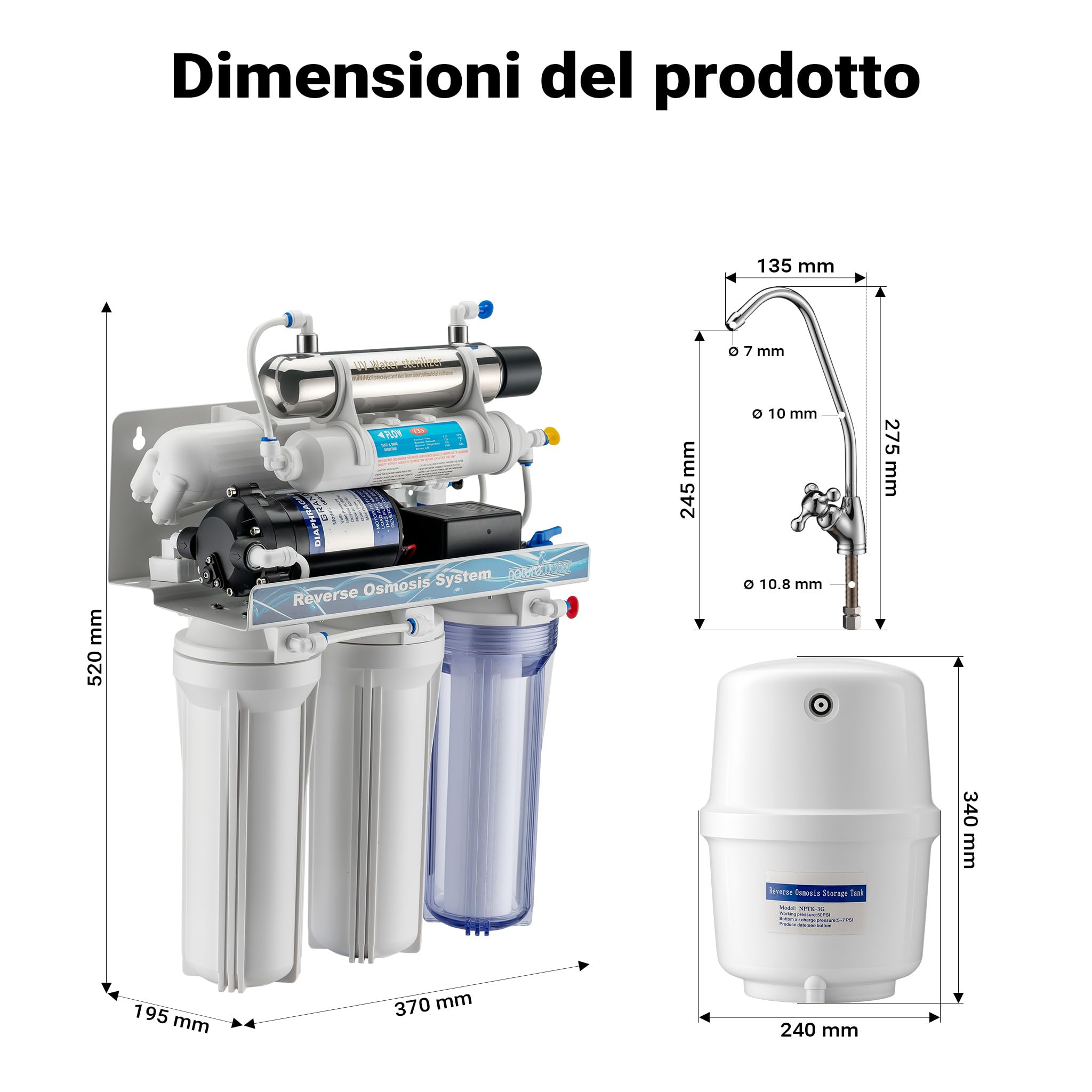 Naturewater Impianto osmosi inversa a 6 stadi 180 l/giorno con chiarificatore UV e pompa di spinta