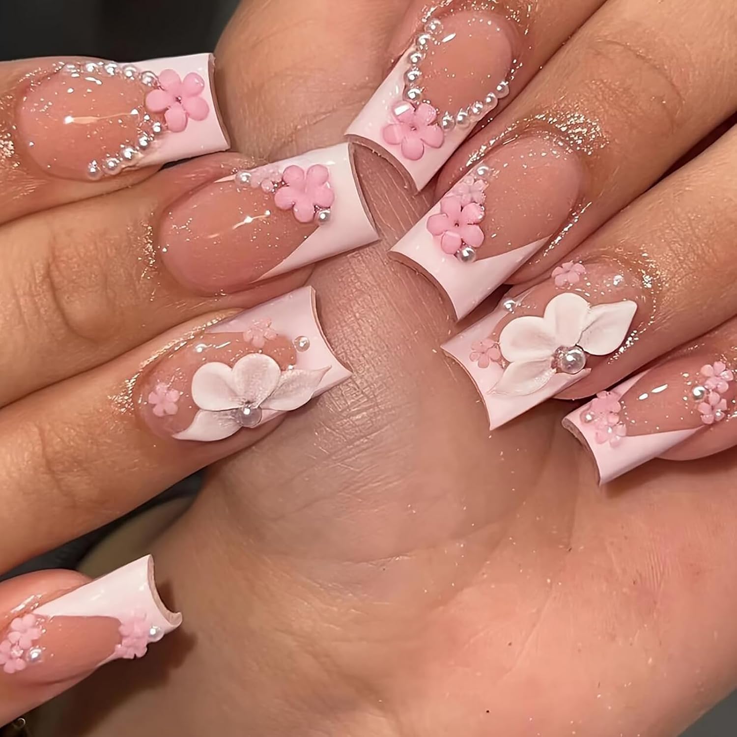 Long Square Nude Pink Press On Nails - 3D Flower Accent