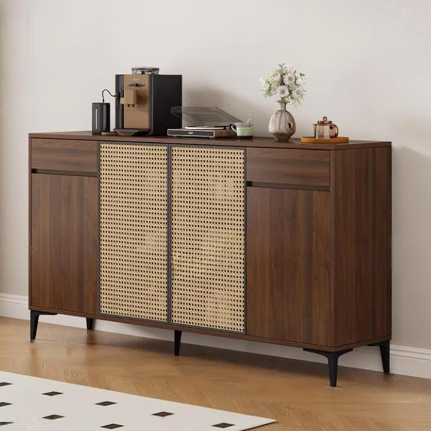 Rattan Sideboard Buffet Cabinet, Storage Cabinet with Drawers, Farmhouse Buffet Cabinets, Decorating Coffee Bar Cabinets for Entryway Living Room(Brown,31.4x15.7x37.7'')