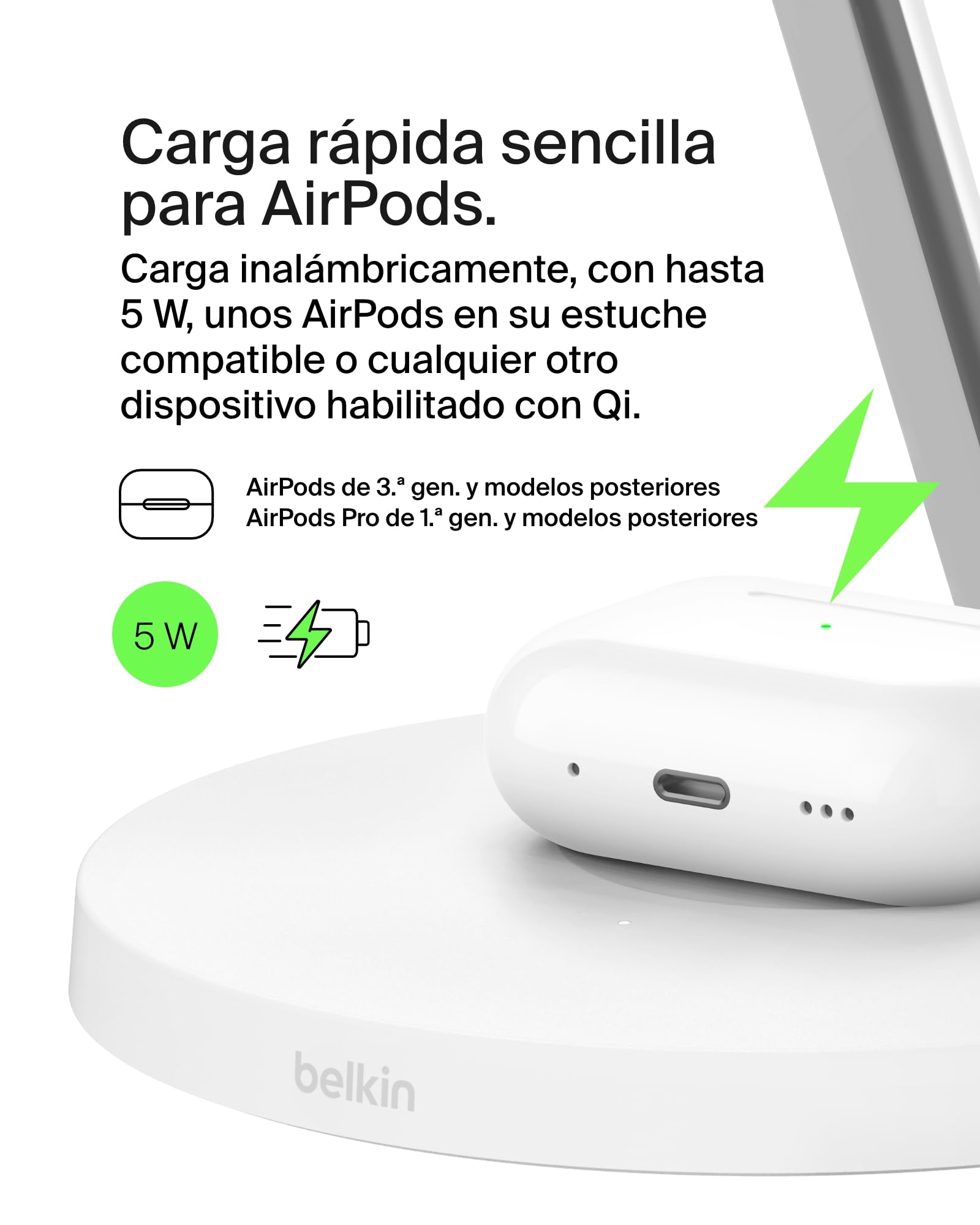 Belkin BoostCharge Cargador Qi2 3 en 1, Estación de Carga Inalámbrica con MagSafe, Base de Carga Qi2 para iPhone 17, Air, Pixelsnap, Apple Watch, AirPods, Fuente de alimentación - Blanco