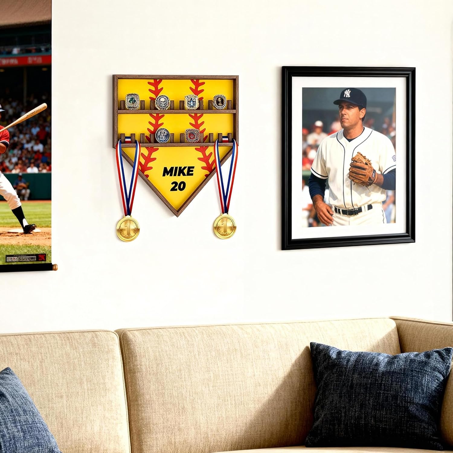 24-Slot Wooden Championship Ring Display Case - Personalized Name Wall Mount Sports Ring Holder for Baseball, Softball, Basketball Medals, Sports Memorabilia Shelf Decor for Men, Boys & Coaches Gifts