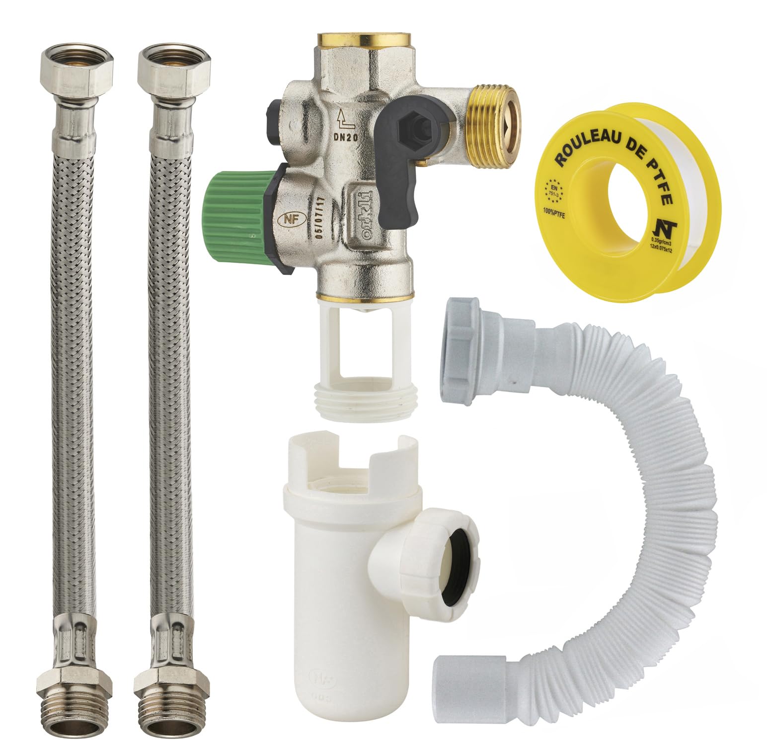 Kit raccordement Groupe de sécurité droit norme NF 20x27 (3/​4) siège teflon anti-​calcaire + siphon + flexibles d'alimentation + flexible évacuation + teflon chauffe eau/​cumulus NOYON & THIEBAULT
