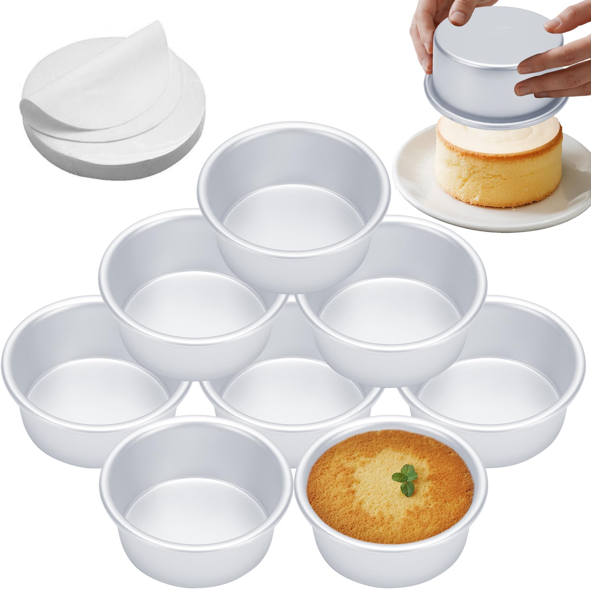 4 Inch Cake Pan Set of 8, Aluminum Mini Cake Pans w/ 100PCS Parchment Paper