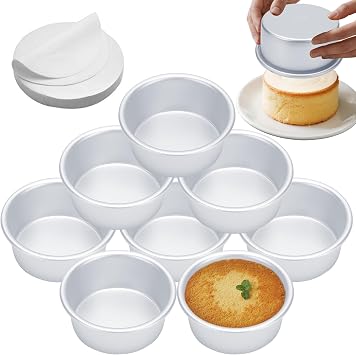 4 Inch Cake Pan Set of 8, Aluminum Mini Cake Pans & 100PCS Parchment Paper | AWTBDP Round Small Cake Pans Tins Baking Pans for Cheese Cake Pizza Quiche, Non Toxic & Leak-proof & Easy Pop Out