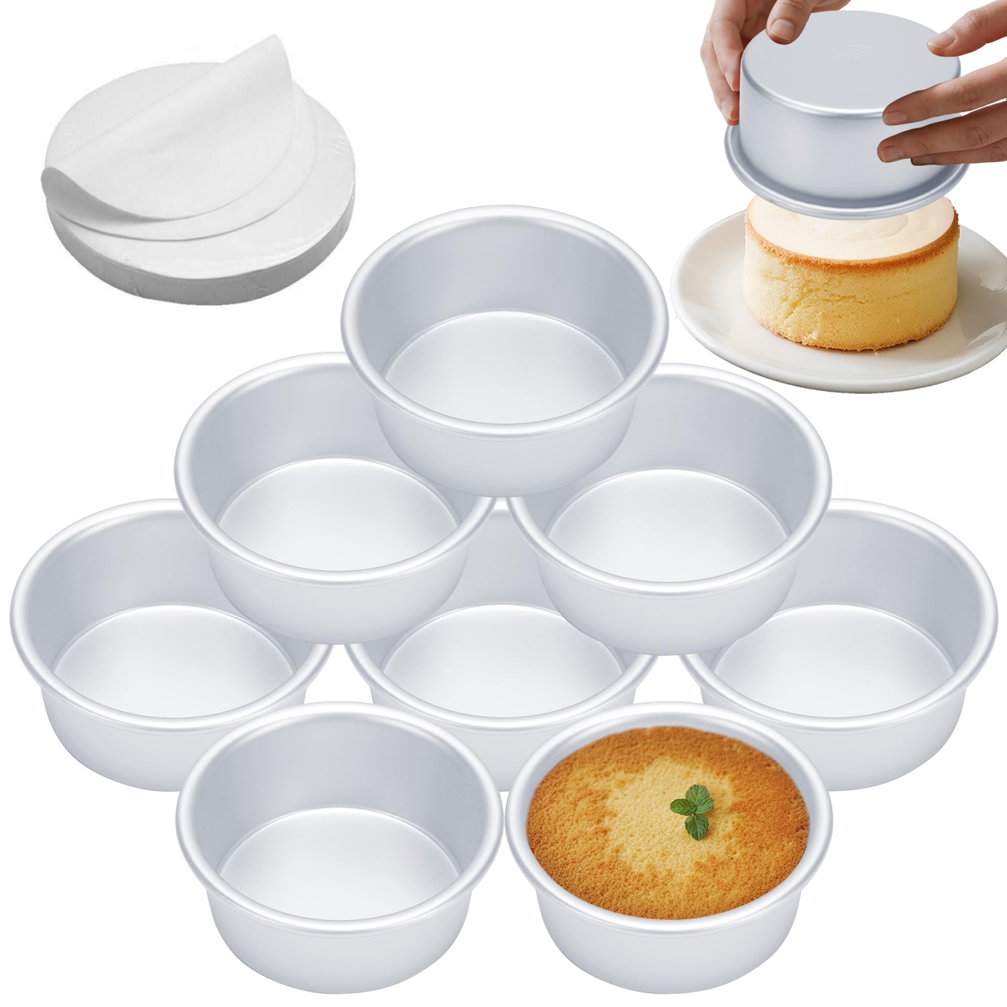 AWTBDP Molde para tartas de 4 pulgadas, juego de 8, moldes redondos de aluminio anodizado con 100 latas de papel pergamino para hornear tartas de queso, pizza, quiche, no tóxico, a prueba de fugas,