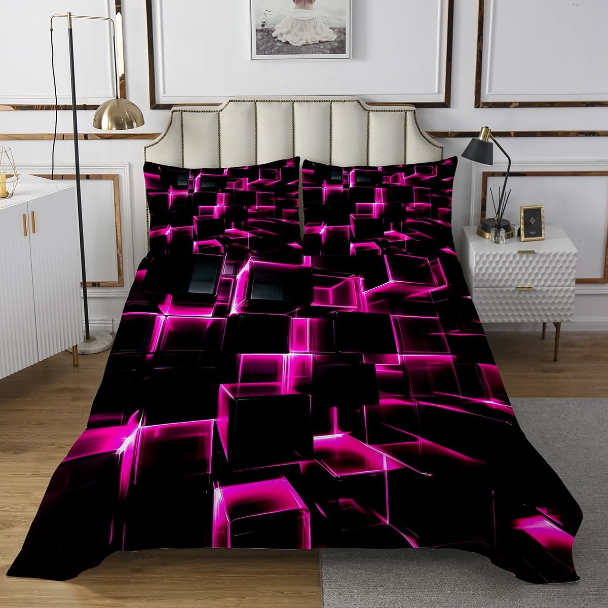 Erosebridal Honeycomb Square Quilt Set for Kids Girls 3D Geometric Square Bedspread Twin, Pink Black Neon Lights Coverlet Set, Gradient Print Bedding Sets with 1 Pillow Case