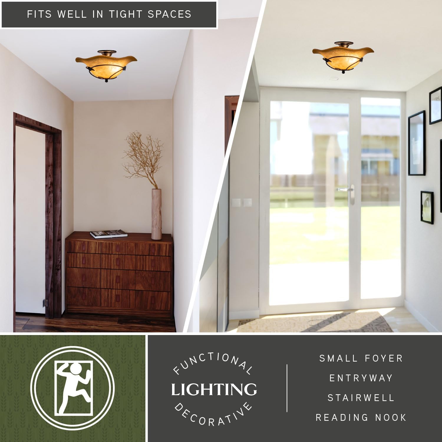 VAXCEL Vine 15-in W Black Rustic Semi Flush Mount Ceiling Light Amber Glass