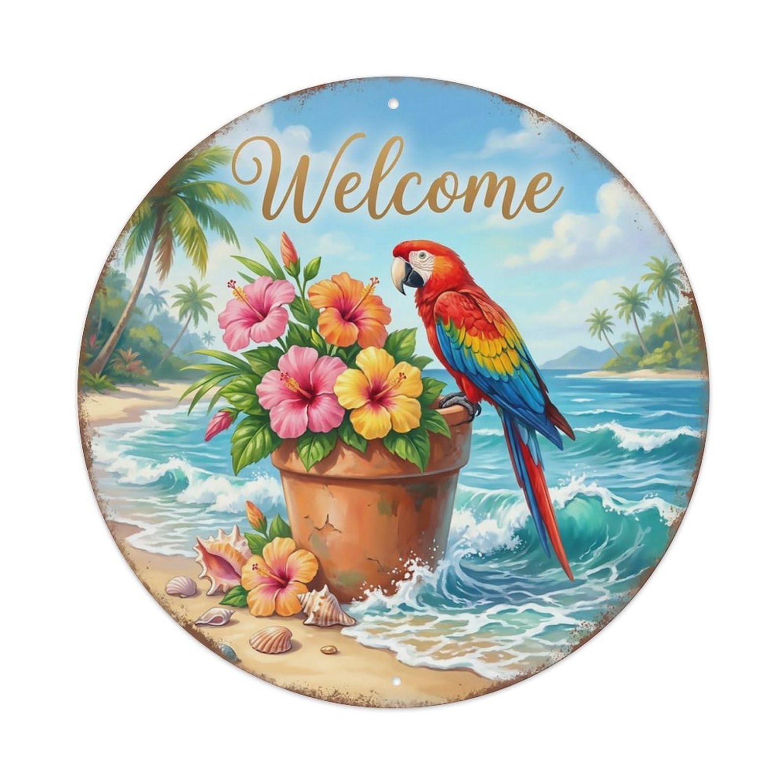 Welcome Parrot Beach Hibiscus Metal Tin Sign