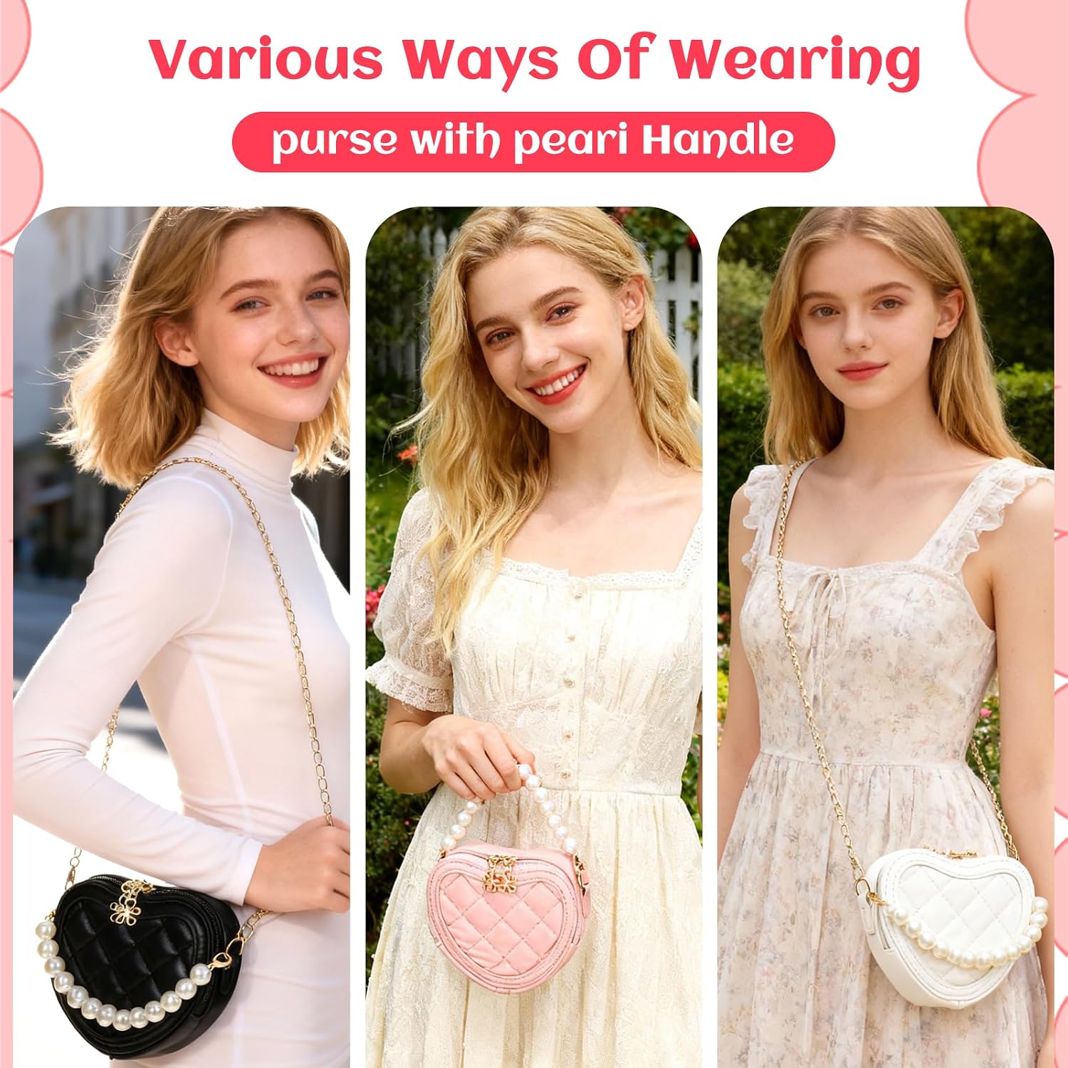 4 PCS Little Girl Purses, Heart Shaped Children Crossbody Bag with Pearl Handle, Mini Cute Toddler Purse with Chain Strap, Princess Handbag Wallet Gift for Kids, Heart