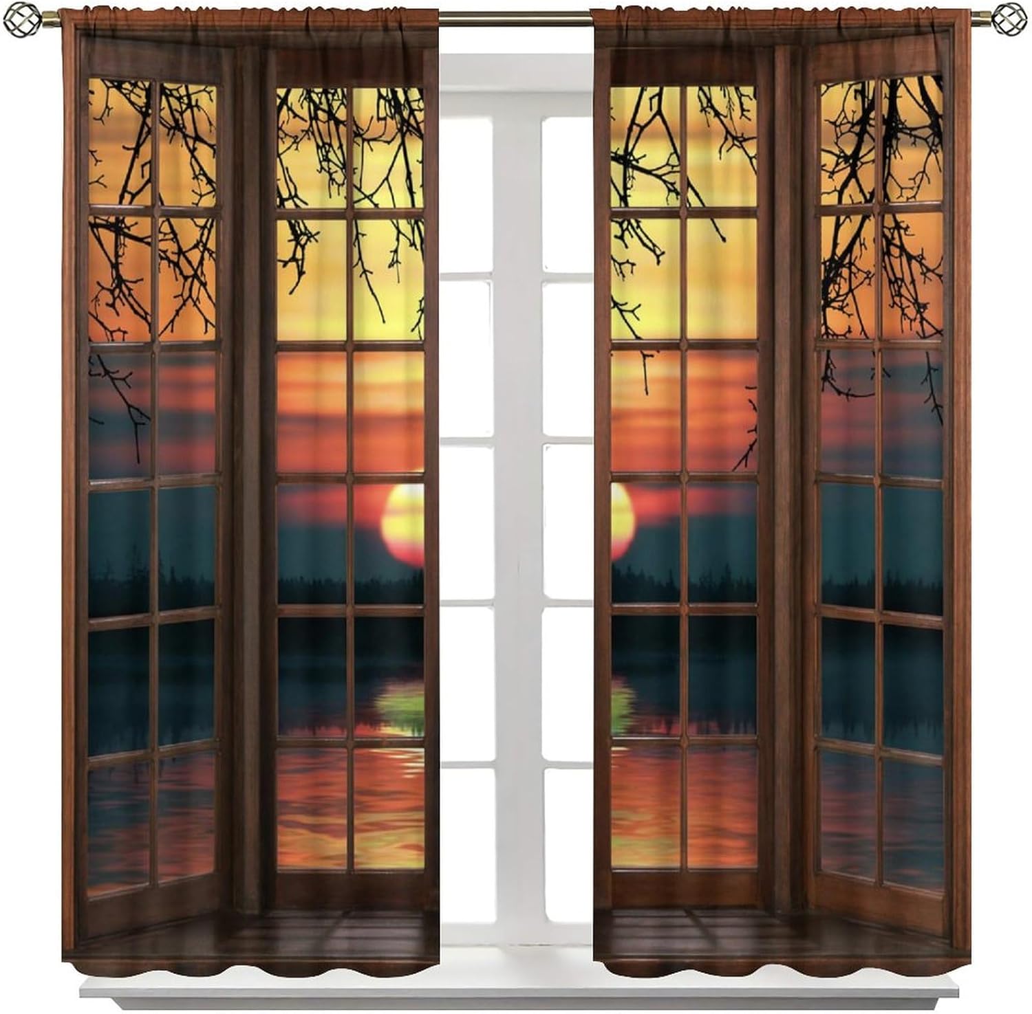 Setting Sun Nature Scenery Curtains, Sunset on The Lake Surface Branch Mountain Forest Reflection Printed Blackout Window Treatments for Bedroom Living Room Kitchen 42" W X 45" L