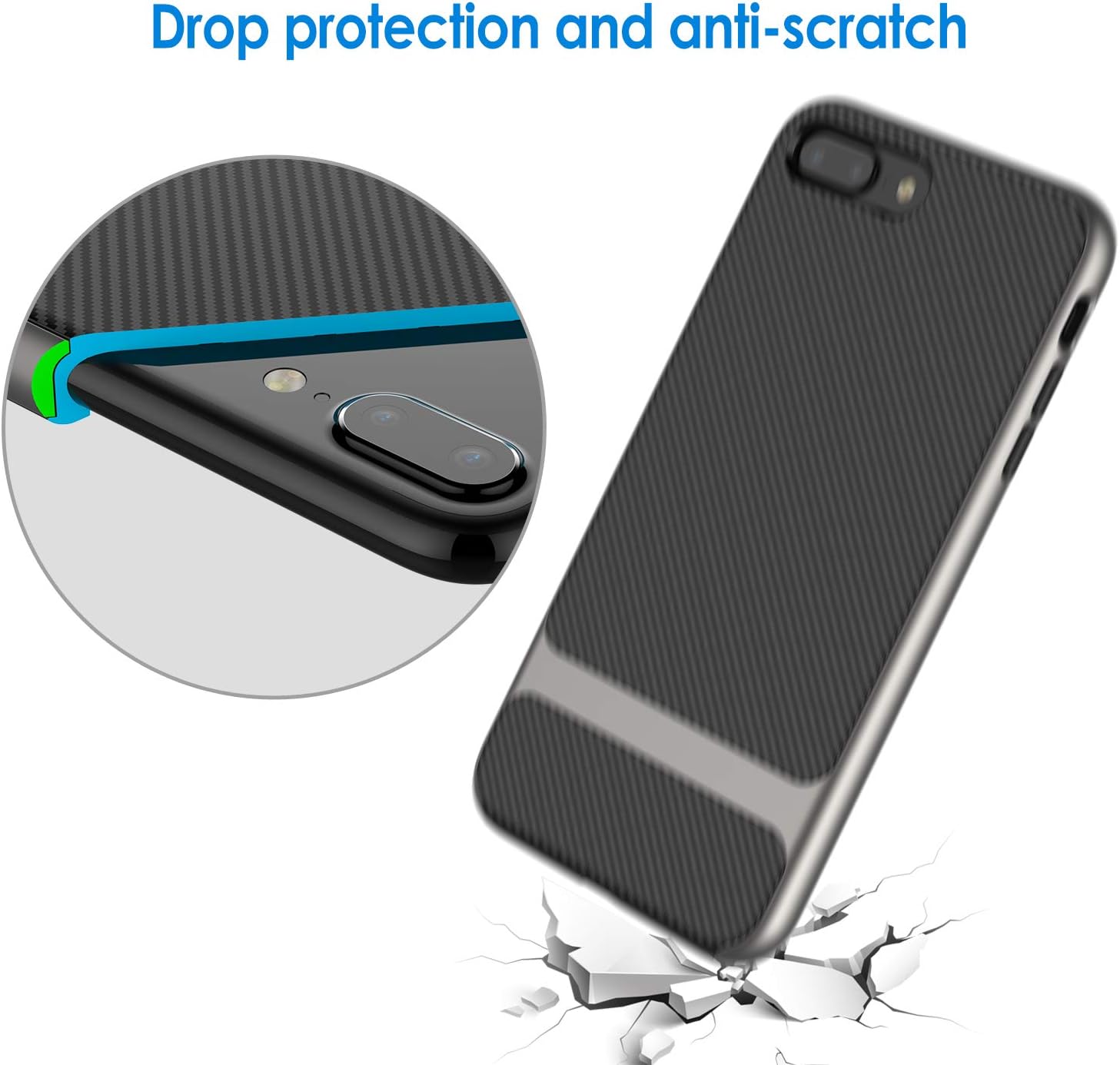 JETech Case for iPhone 7 Plus, iPhone 8 Plus, 5.5 Inch, 2-Layer Slim Protective Cover, Shock-Absorption and Carbon Fiber Grey