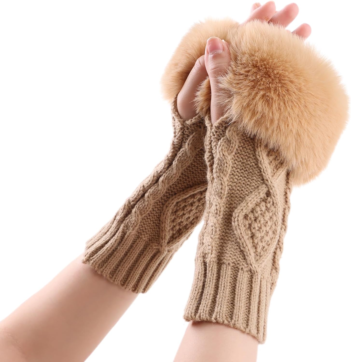 PESAAT Knit Arm Warmers Faux Fur Fingerless Gloves for Women Winter Wrist Warmers with Thumb Hole