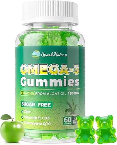 Suplementos de ácidos grasos Omega 3 para mujer, suplemento de omega-3 vegano, 1500 mg de algas 0il (DHA 600 mg y EPA 300 mg), gomitas de cúrcuma