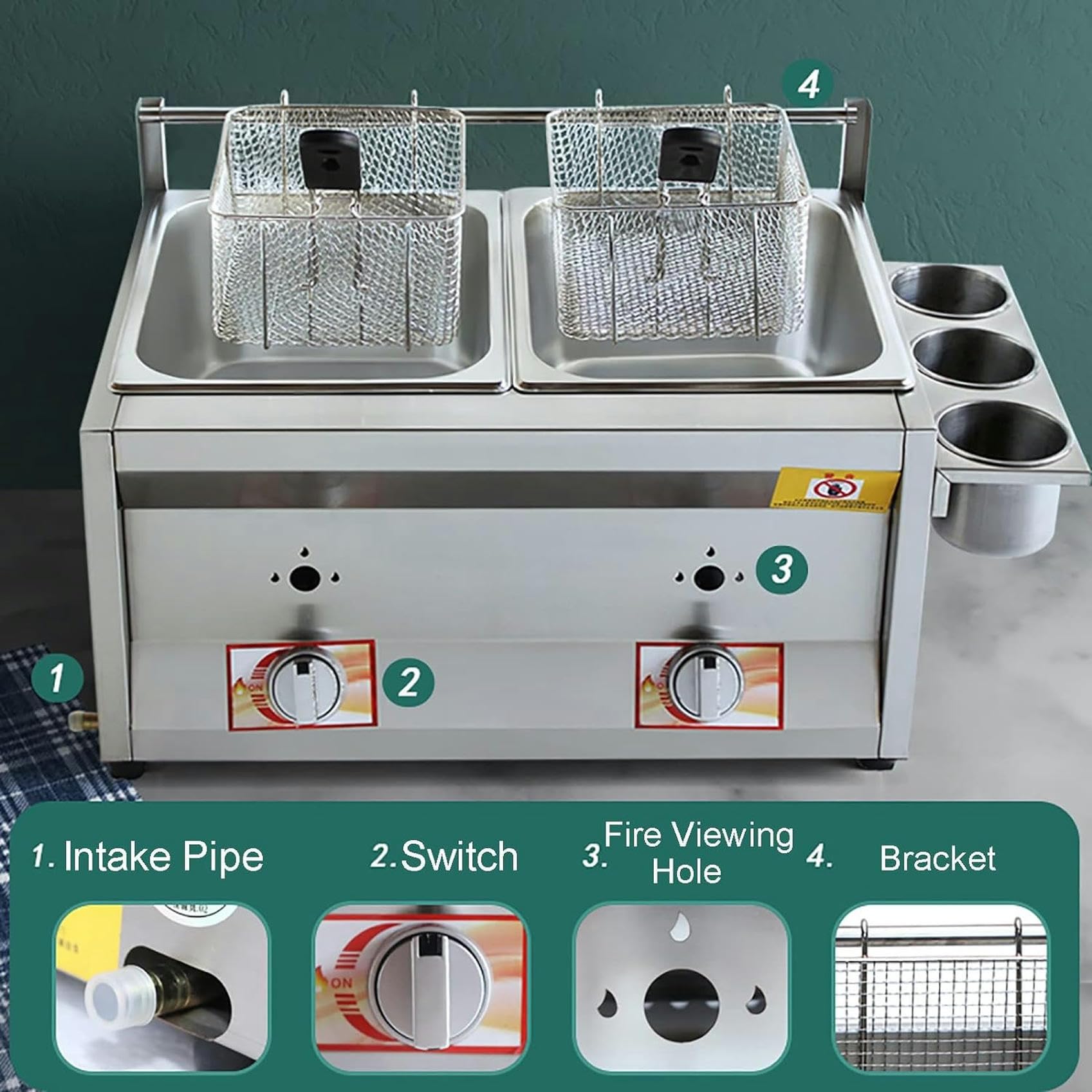 Friggitrice a gas professionale, friggitrice doppia GPL in acciaio inox da 10 l + 10 l, controllo della temperatura indipendente, con 2 cestelli per friggere, per friggitrice a gas da cucina