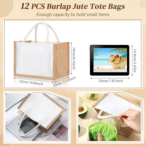 Miniatura 2 de 12 bolsas de yute reutilizables con asas, pequeña bolsa de regalo de lona en blanco, a prueba de agua, para boda, playa, bricolaje