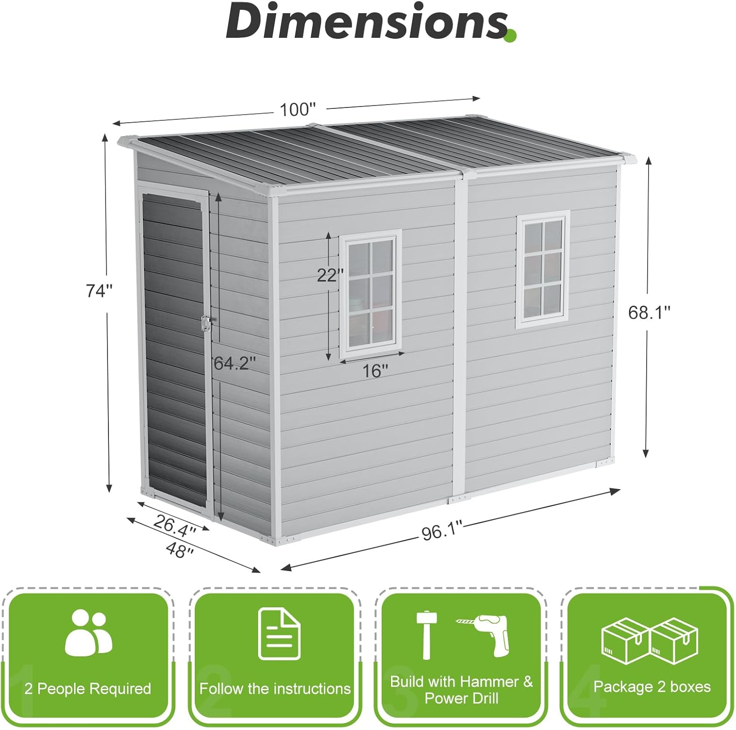 Diagram showing the dimensions of the WACASA 8x4 Outdoor Storage Shed and icons indicating assembly requirements: 2 people, instructions, hammer & power drill, 2 boxes.